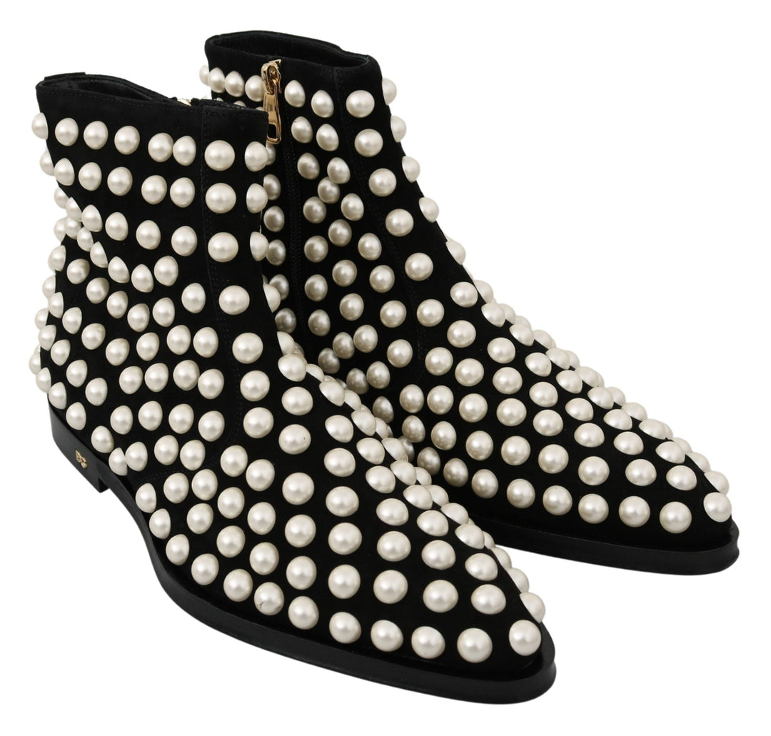 Women’s Dolce &amp; Gabbana Black Suede Pearl Studs Boots Shoes