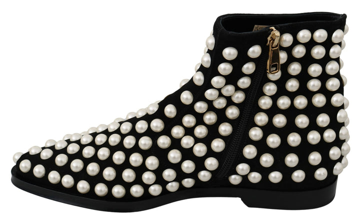 Women’s Dolce &amp; Gabbana Black Suede Pearl Studs Boots Shoes