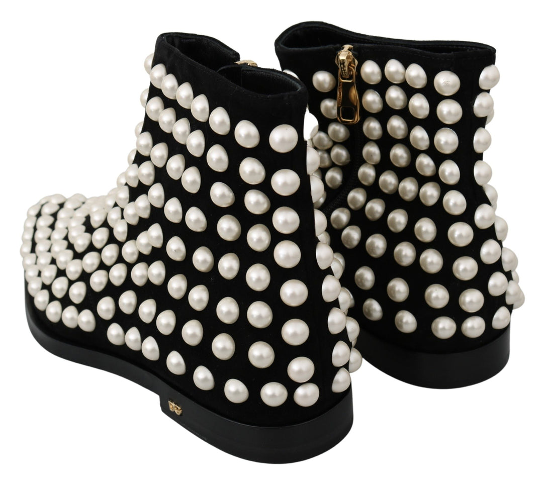 Women’s Dolce &amp; Gabbana Black Suede Pearl Studs Boots Shoes
