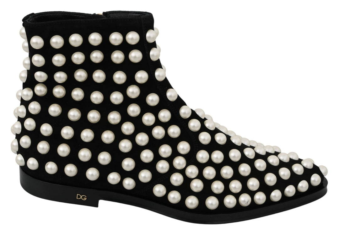 Women’s Dolce &amp; Gabbana Black Suede Pearl Studs Boots Shoes