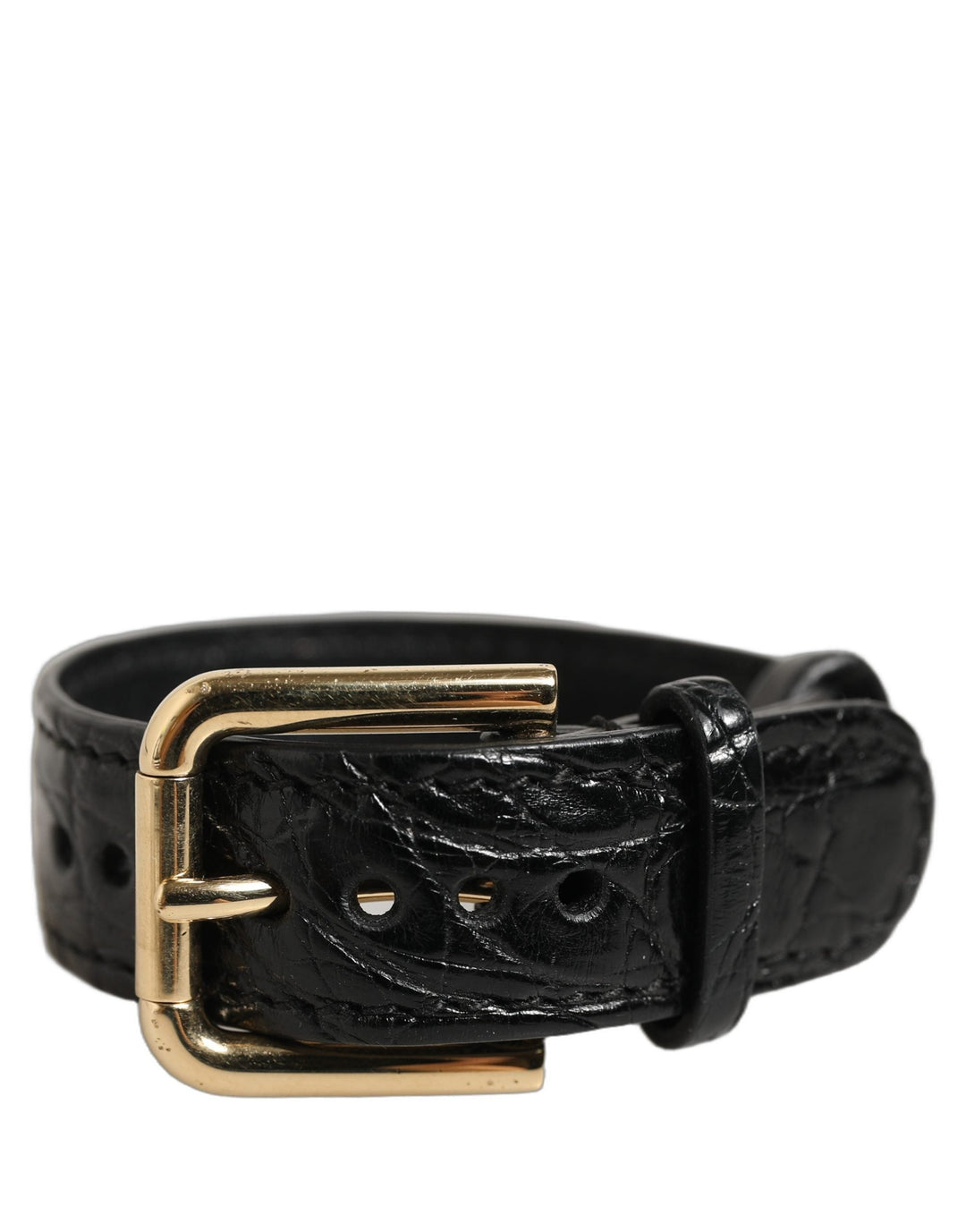 Women’s Dolce &amp; Gabbana Black Textured Leather Gold Buckle Belt Strap Bracelet