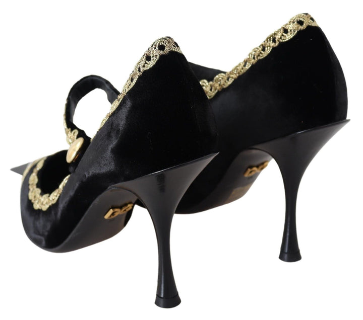 Women’s Dolce &amp; Gabbana Black Velvet Gold Mary Janes Pumps