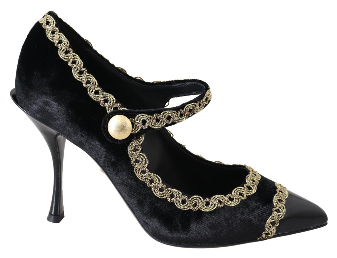 Women’s Dolce &amp; Gabbana Black Velvet Gold Mary Janes Pumps