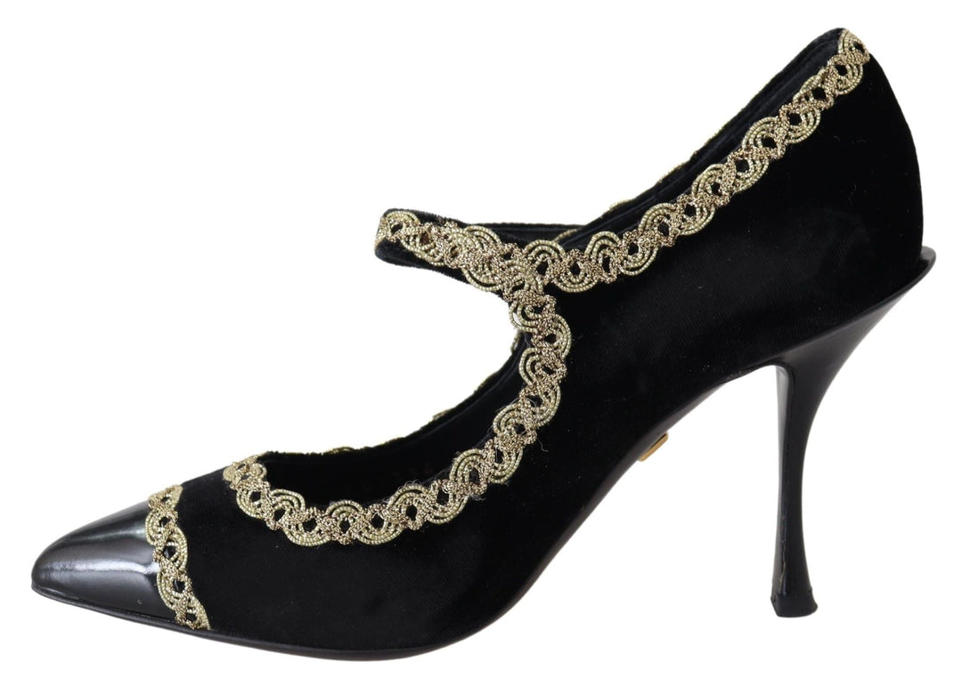 Women’s Dolce &amp; Gabbana Black Velvet Gold Mary Janes Pumps
