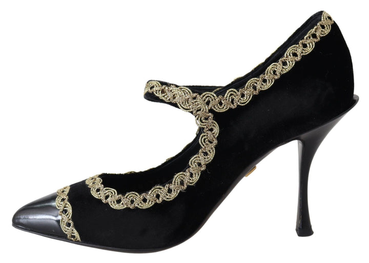Women’s Dolce &amp; Gabbana Black Velvet Gold Mary Janes Pumps