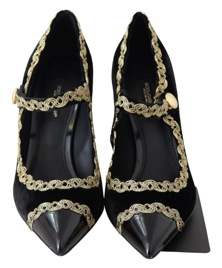 Women’s Dolce &amp; Gabbana Black Velvet Gold Mary Janes Pumps