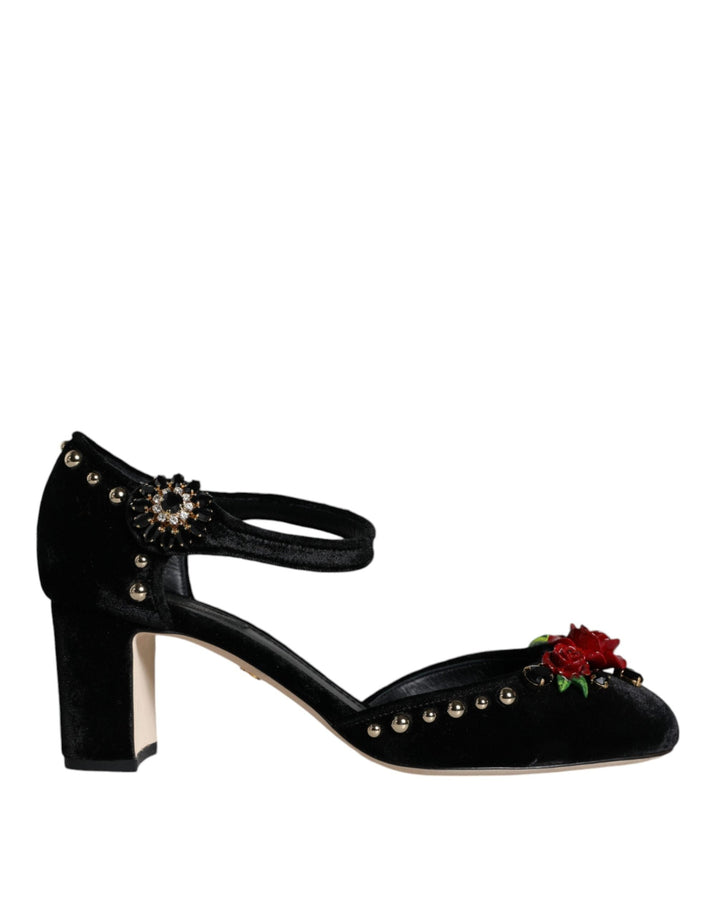 Women’s Dolce &amp; Gabbana Black Velvet Roses Ankle Strap Pumps Shoes