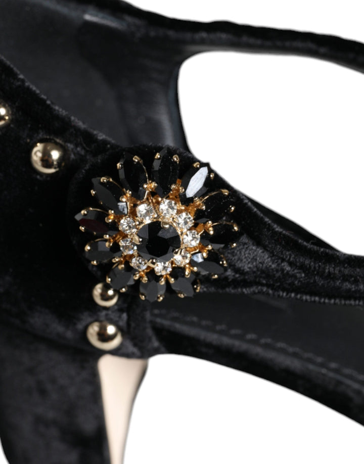 Women’s Dolce &amp; Gabbana Black Velvet Roses Ankle Strap Pumps Shoes