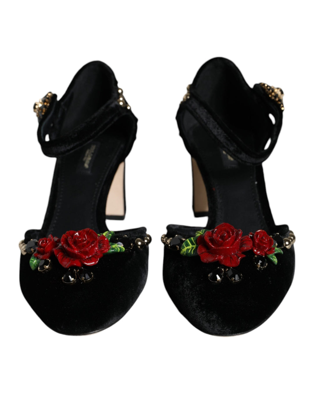 Women’s Dolce & Gabbana Black Velvet Roses Ankle Strap Pumps Shoes