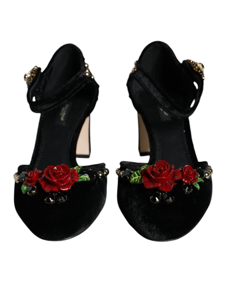 Women’s Dolce &amp; Gabbana Black Velvet Roses Ankle Strap Pumps Shoes