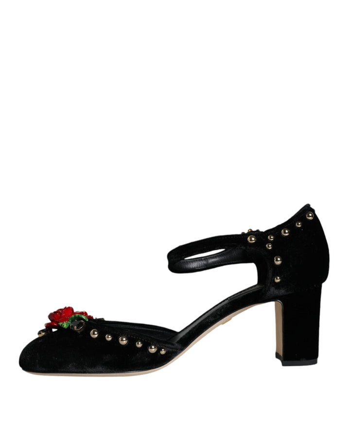 Women’s Dolce &amp; Gabbana Black Velvet Roses Ankle Strap Pumps Shoes