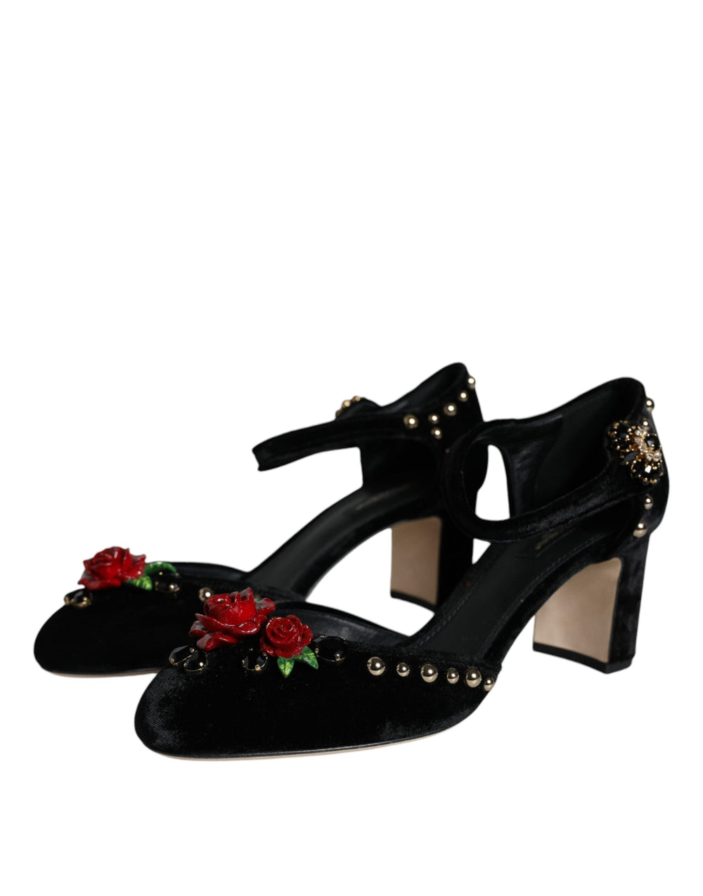 Women’s Dolce & Gabbana Black Velvet Roses Ankle Strap Pumps Shoes