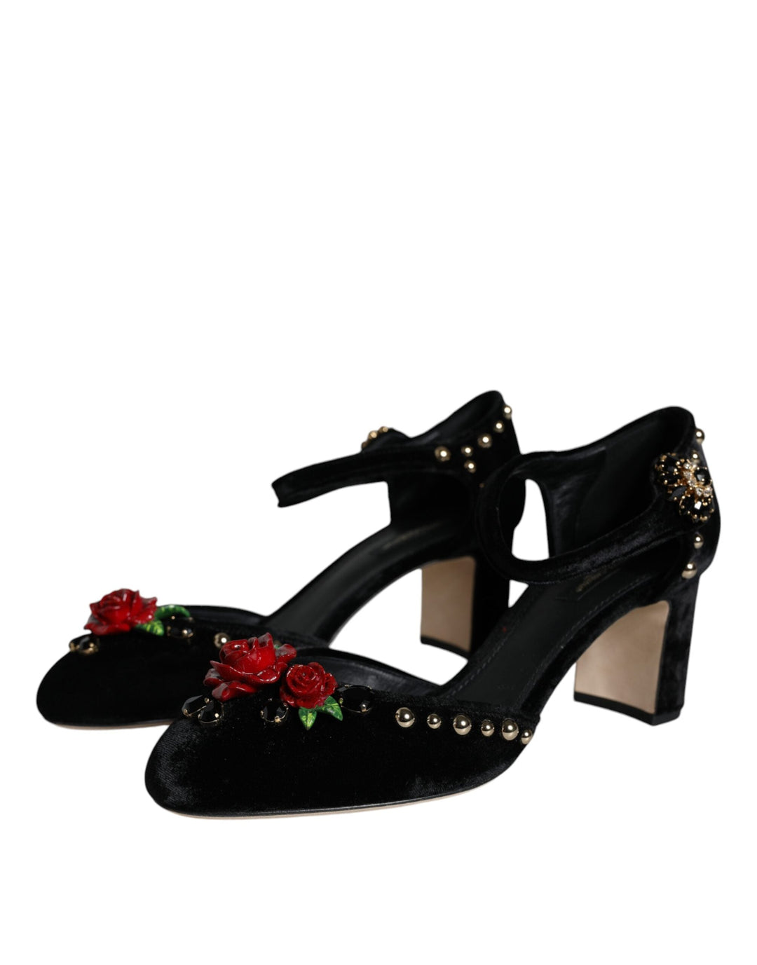 Women’s Dolce &amp; Gabbana Black Velvet Roses Ankle Strap Pumps Shoes