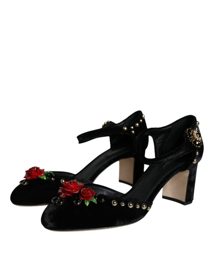 Women’s Dolce &amp; Gabbana Black Velvet Roses Ankle Strap Pumps Shoes
