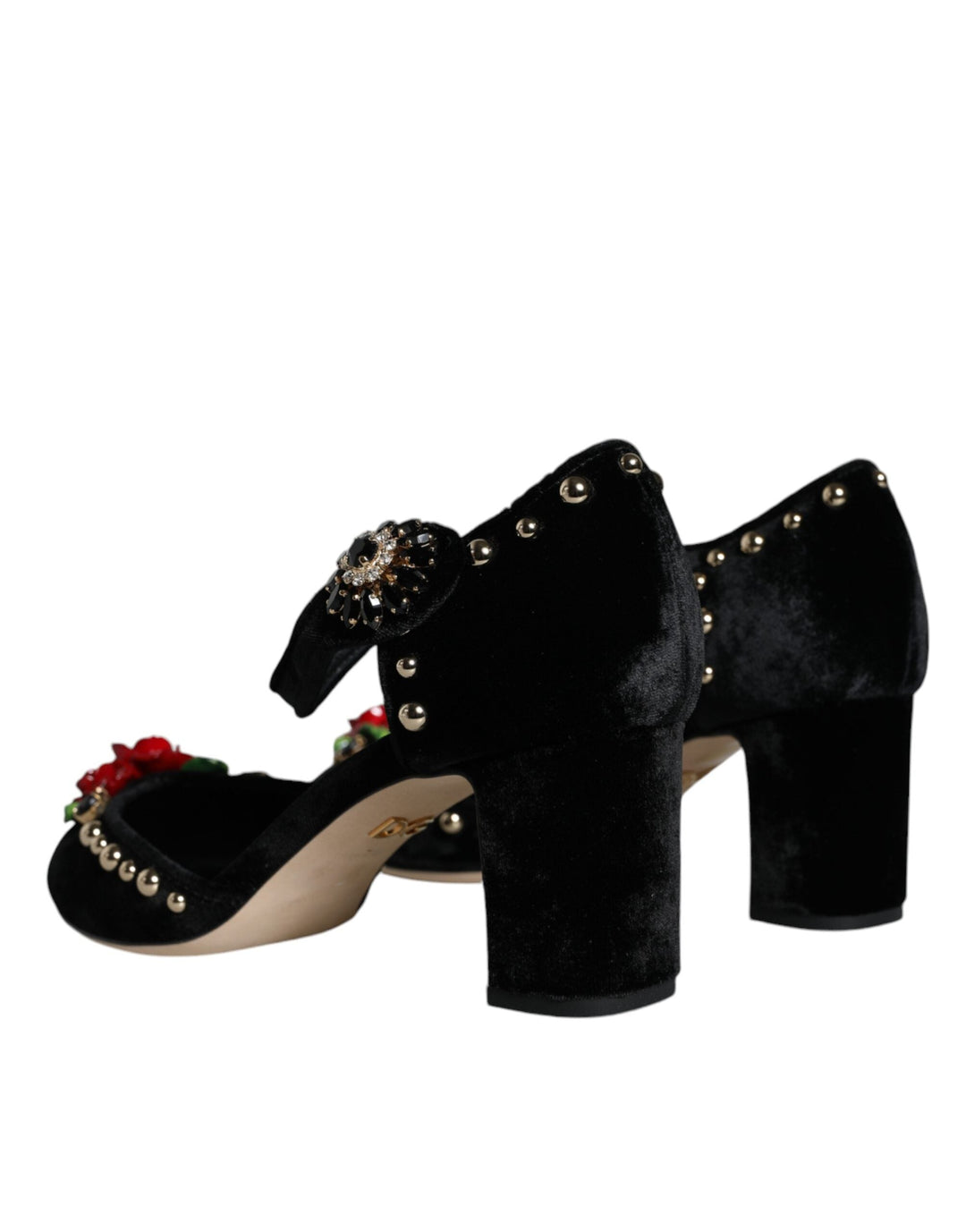 Women’s Dolce &amp; Gabbana Black Velvet Roses Ankle Strap Pumps Shoes