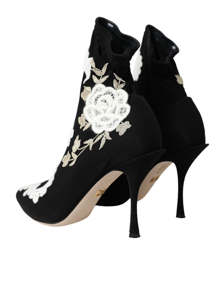 Women’s Dolce &amp; Gabbana Black White Embroidery Slip on Boots Shoes