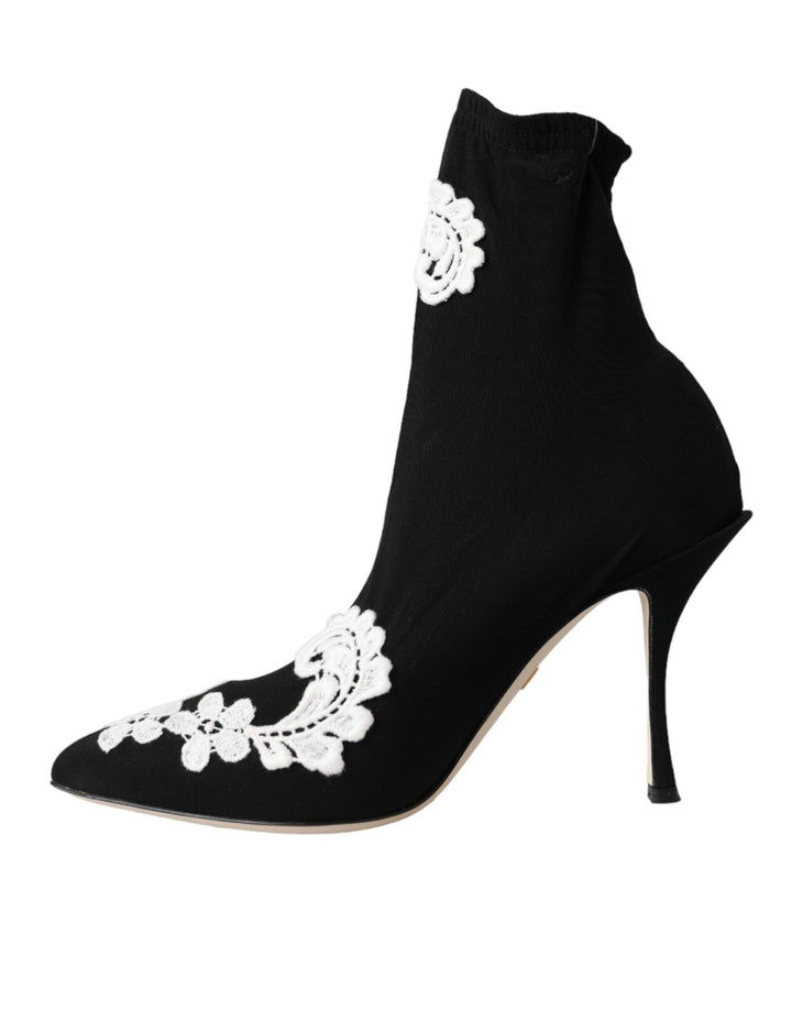 Women’s Dolce &amp; Gabbana Black White Embroidery Slip on Boots Shoes