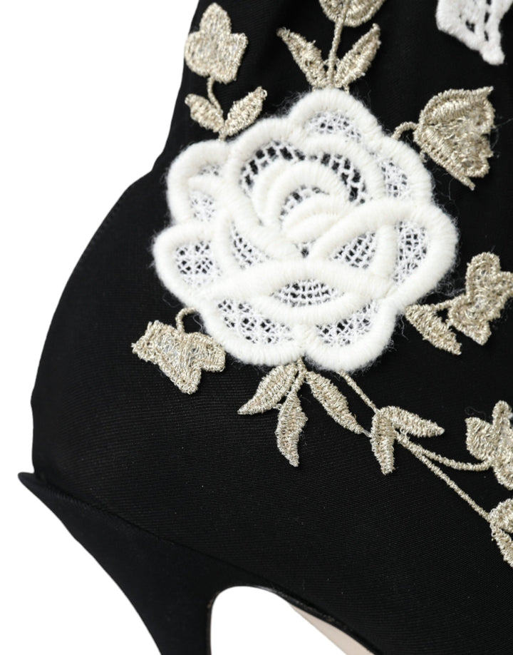 Women’s Dolce &amp; Gabbana Black White Embroidery Slip on Boots Shoes