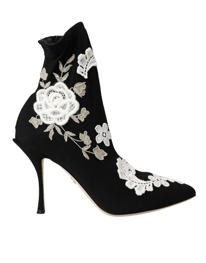 Women’s Dolce &amp; Gabbana Black White Embroidery Slip on Boots Shoes