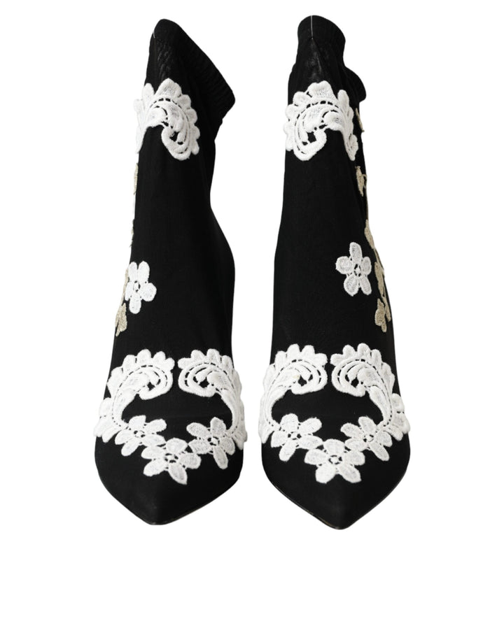 Women’s Dolce &amp; Gabbana Black White Embroidery Slip on Boots Shoes