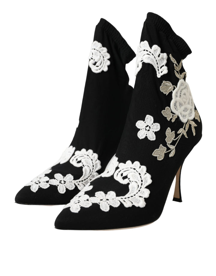Women’s Dolce &amp; Gabbana Black White Embroidery Slip on Boots Shoes
