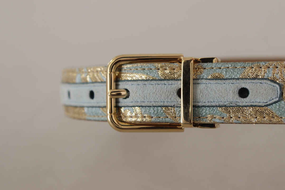 Women’s Dolce &amp; Gabbana Blue Leather Jacquard Embossed Gold Metal Buckle Belt