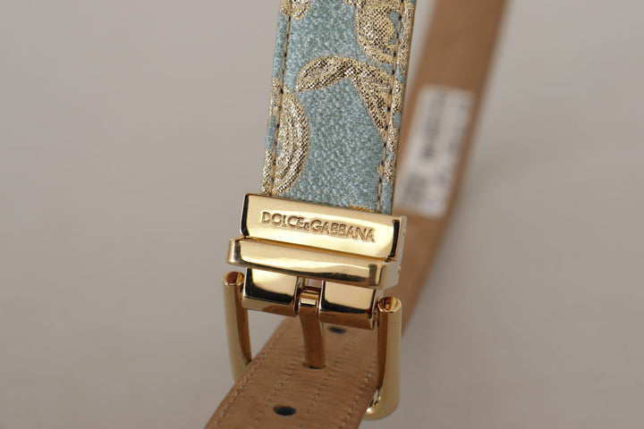 Women’s Dolce &amp; Gabbana Blue Leather Jacquard Embossed Gold Metal Buckle Belt