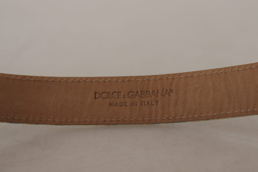 Women’s Dolce &amp; Gabbana Blue Leather Jacquard Embossed Gold Metal Buckle Belt