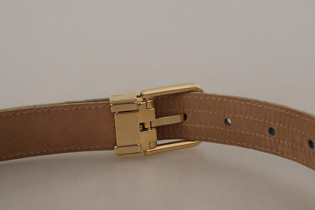 Women’s Dolce &amp; Gabbana Blue Leather Jacquard Embossed Gold Metal Buckle Belt