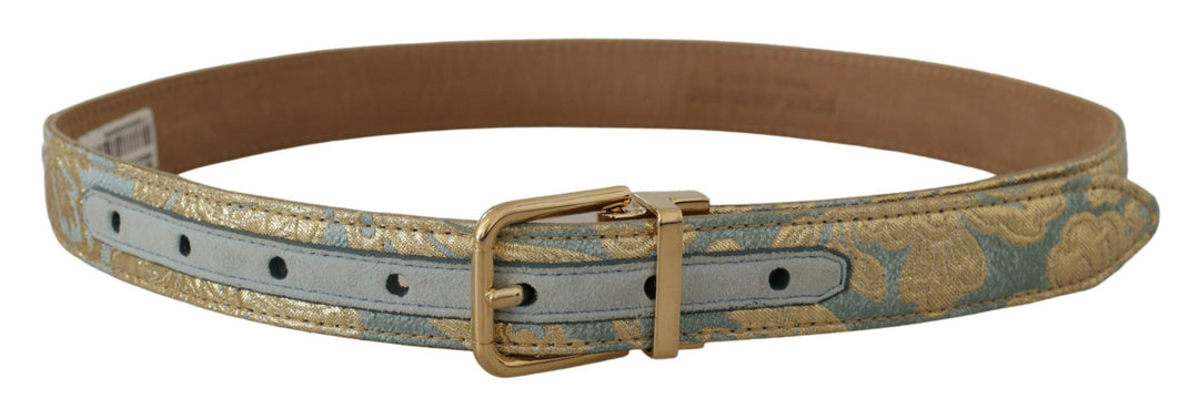 Women’s Dolce &amp; Gabbana Blue Leather Jacquard Embossed Gold Metal Buckle Belt