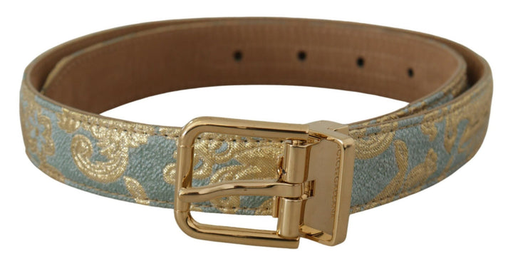 Women’s Dolce &amp; Gabbana Blue Leather Jacquard Embossed Gold Metal Buckle Belt