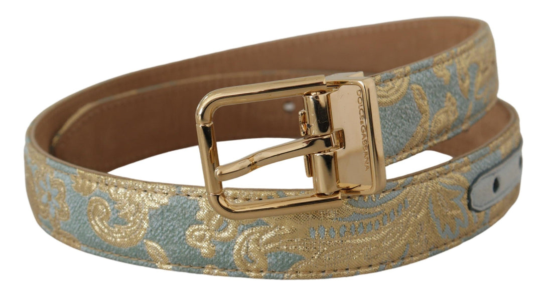 Women’s Dolce &amp; Gabbana Blue Leather Jacquard Embossed Gold Metal Buckle Belt