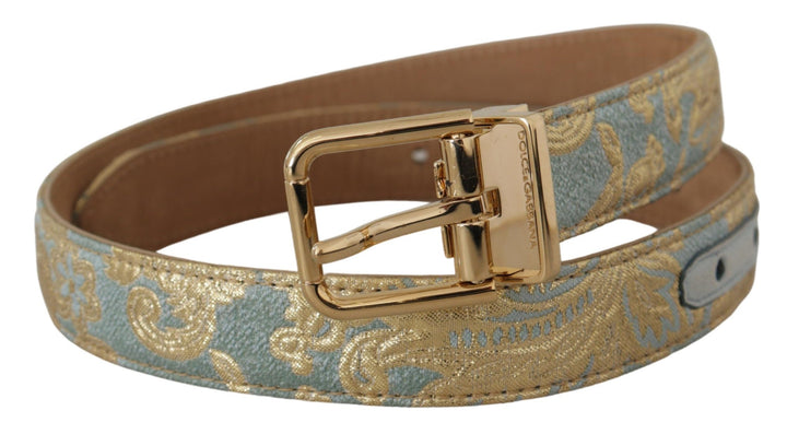 Women’s Dolce &amp; Gabbana Blue Leather Jacquard Embossed Gold Metal Buckle Belt
