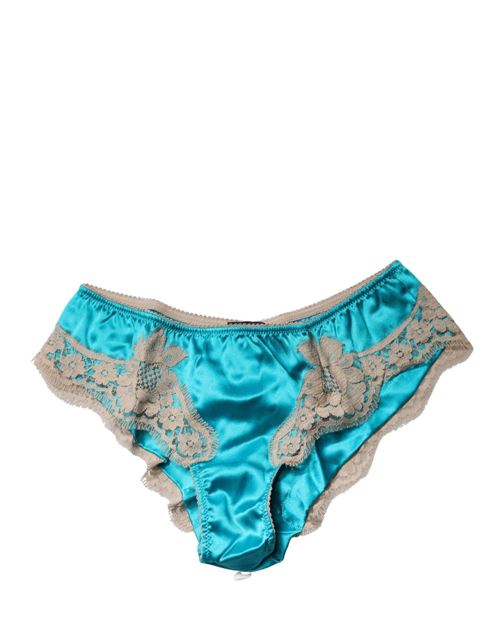 Women’s Dolce &amp; Gabbana Blue Silk Satin Floral Lace Panty Brief Underwear