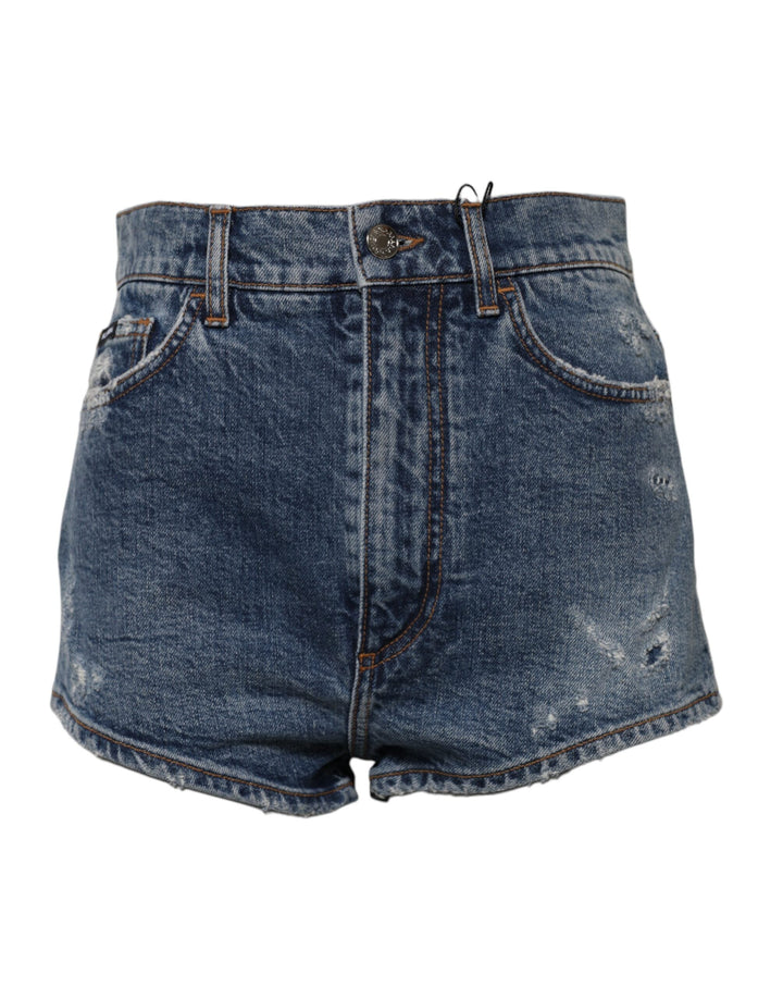 Women’s Dolce &amp; Gabbana Blue Tattered Denim Cotton Hot Pants Shorts