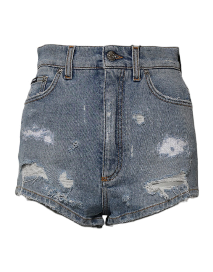 Women’s Dolce &amp; Gabbana Blue Tattered Denim Cotton Hot Pants Shorts