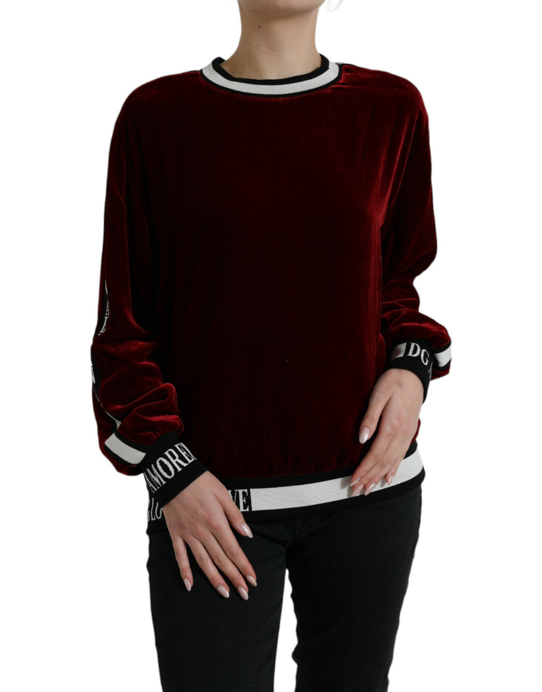 Women’s Dolce &amp; Gabbana Bordeaux Velvet Round Neck Pullover Sweater