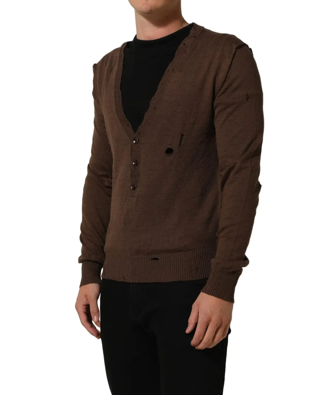 Women’s Dolce &amp; Gabbana Brown Flax Buttoned V-neck Pullover Sweater
