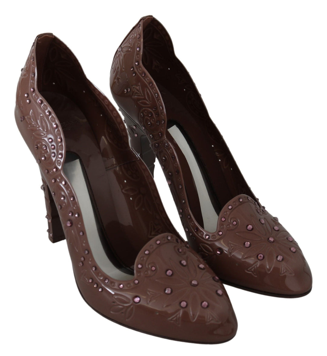 Women’s Dolce &amp; Gabbana Brown Floral Crystal Heels Cinderella Shoes