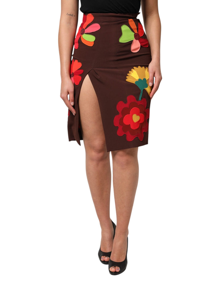 Women’s Dolce &amp; Gabbana Brown Floral High Waist Side Slit Skirt
