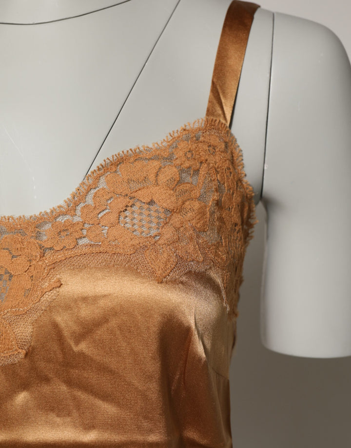 Women’s Dolce &amp; Gabbana Brown Floral Lace Silk Satin Tank Lingerie Underwear