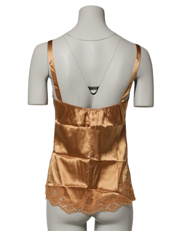 Women’s Dolce &amp; Gabbana Brown Floral Lace Silk Satin Tank Lingerie Underwear