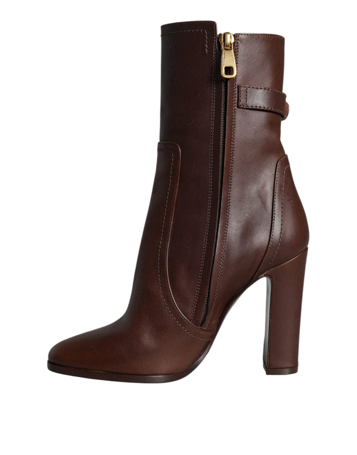 Women’s Dolce &amp; Gabbana Brown Leather Heels Mid Calf Boots Shoes