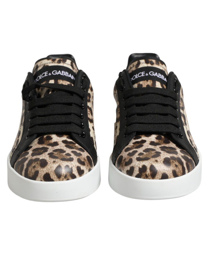 Dolce &amp; Gabbana Brown Leather Leopard Low Top Sneakers Shoes