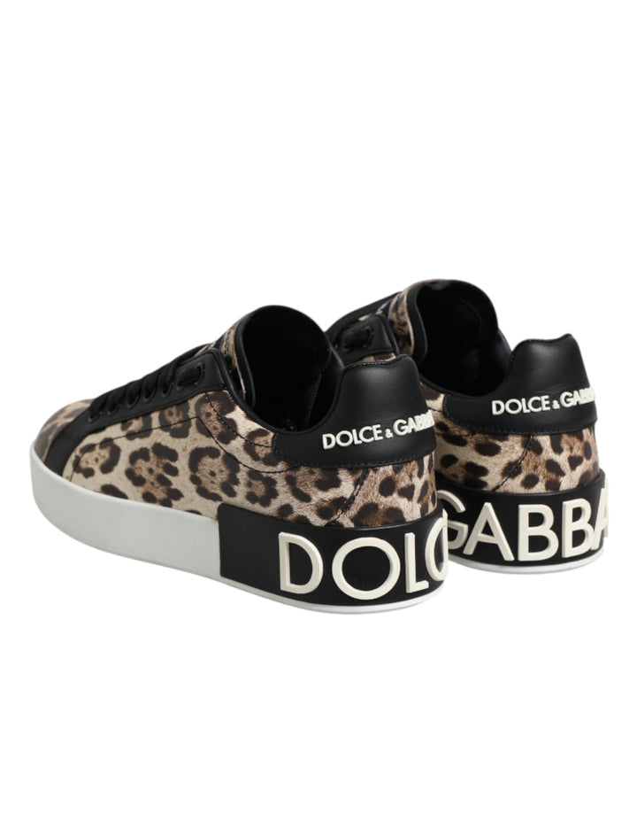 Dolce &amp; Gabbana Brown Leather Leopard Low Top Sneakers Shoes