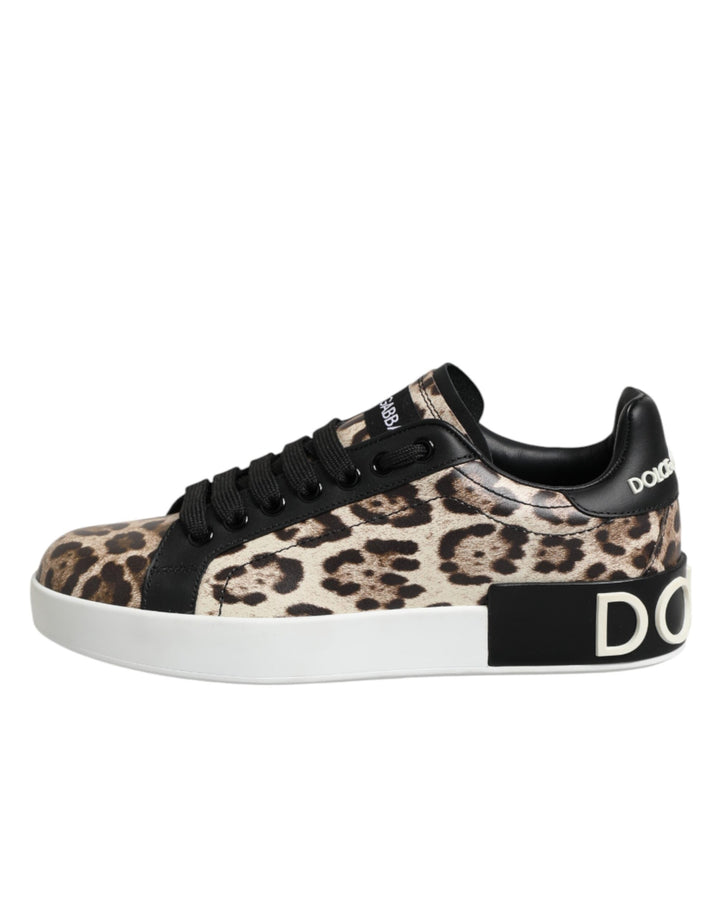 Dolce &amp; Gabbana Brown Leather Leopard Low Top Sneakers Shoes