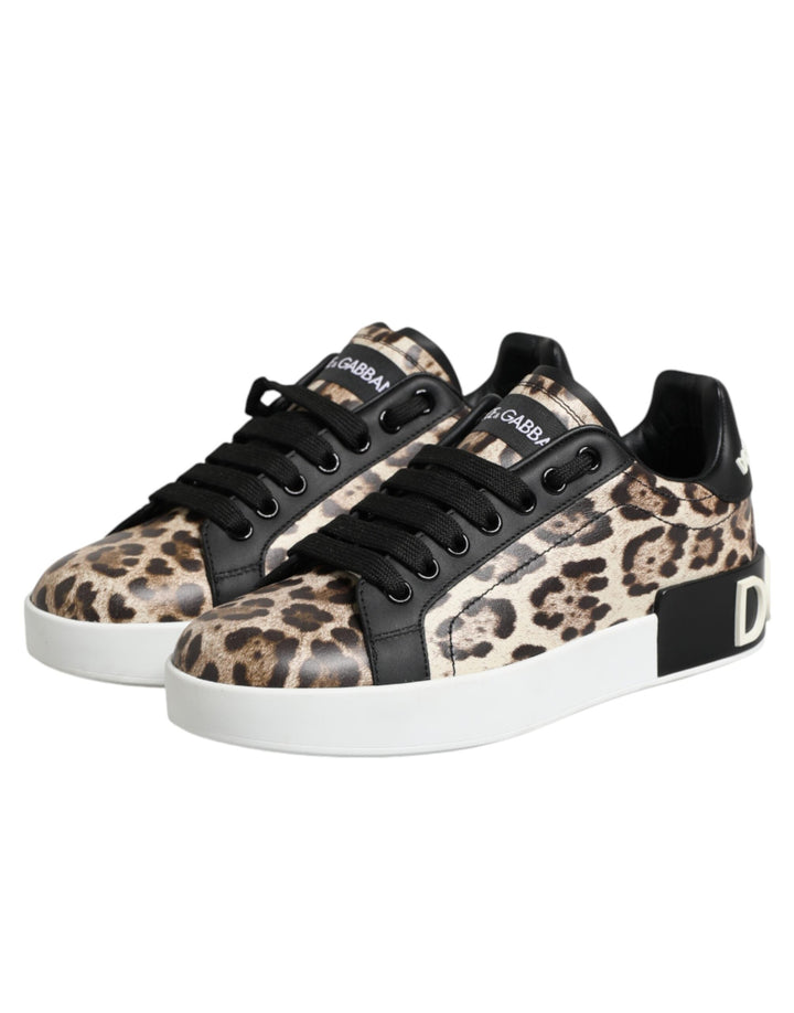 Dolce &amp; Gabbana Brown Leather Leopard Low Top Sneakers Shoes