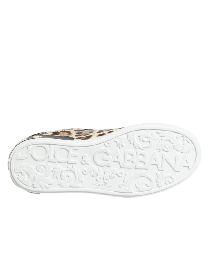 Dolce &amp; Gabbana Brown Leather Leopard Low Top Sneakers Shoes