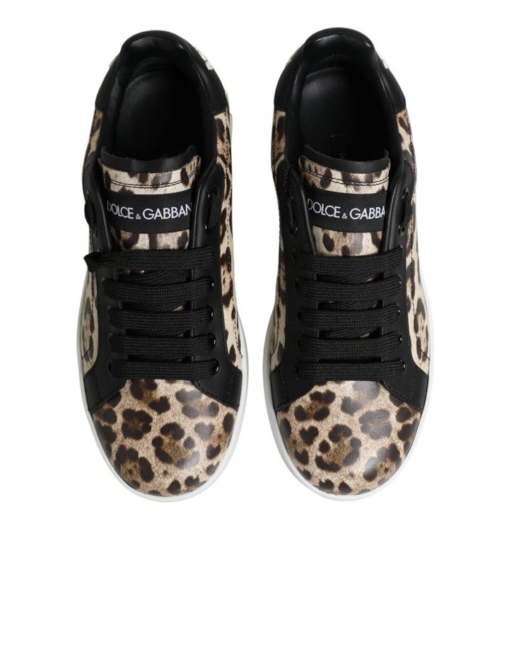 Dolce &amp; Gabbana Brown Leather Leopard Low Top Sneakers Shoes