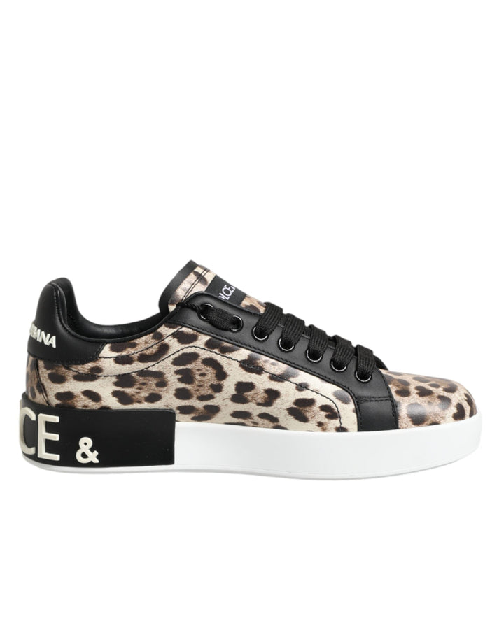 Dolce &amp; Gabbana Brown Leather Leopard Low Top Sneakers Shoes
